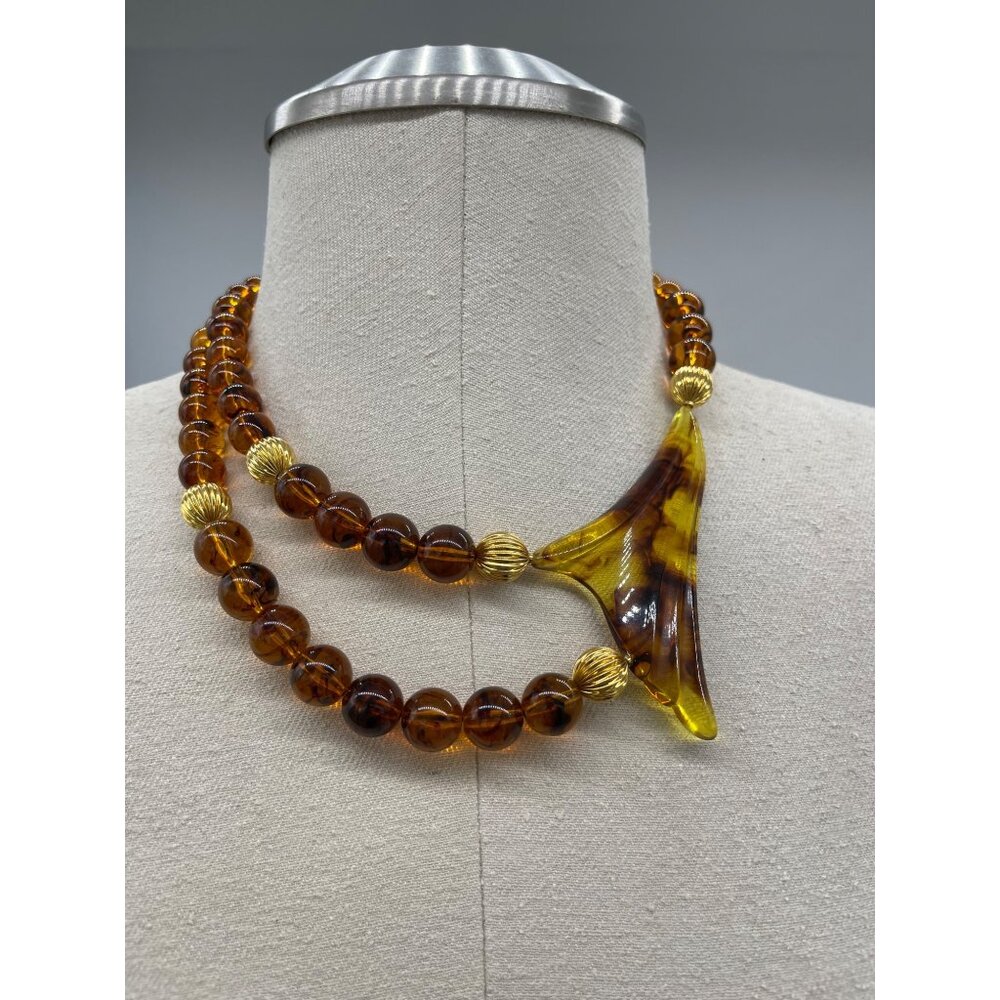 Vintage Tortoise Shell Lucite Retro Beaded Necklace with Goldtone Beads Large Ac